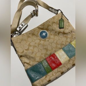 Coach Crossbody Bag with Signature Pattern, Colorful Stripe, and Silver Trim